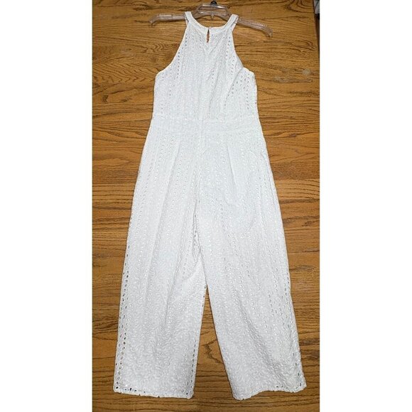 Maison Jules 6 White Eyelet Sleeveless Jumpsuit Halter Neck Cropped Wide Leg - Picture 7 of 11